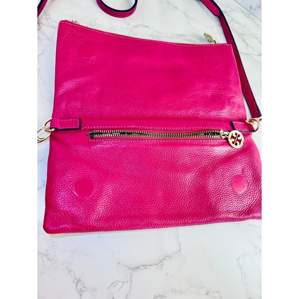 TORY BURCH Amanda Foldover Clutch Crossbody w/Pink Leather w/Golden Accents, EUC - Picture 9 of 16